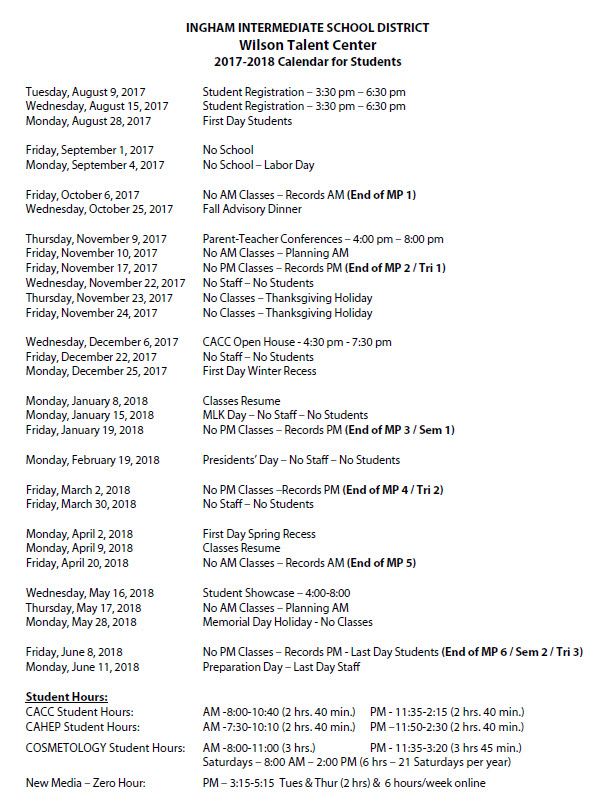 Yearly calendar for the Wilson Talent Center